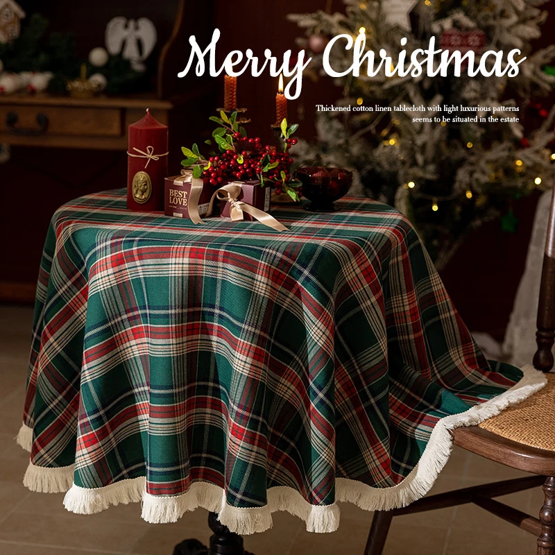 Christmas Round Tablecloths Retro Checkered Fabric Dust-Proof Washable Table Cover for Christmas Party Indoor Outdoor Decoration