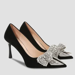 Luxury Designer Crystal Bow High Heeled Women Suede Elegant Office Thin Heels Fashion Jewel Dress Shoes Pointed Toe Pumps Women