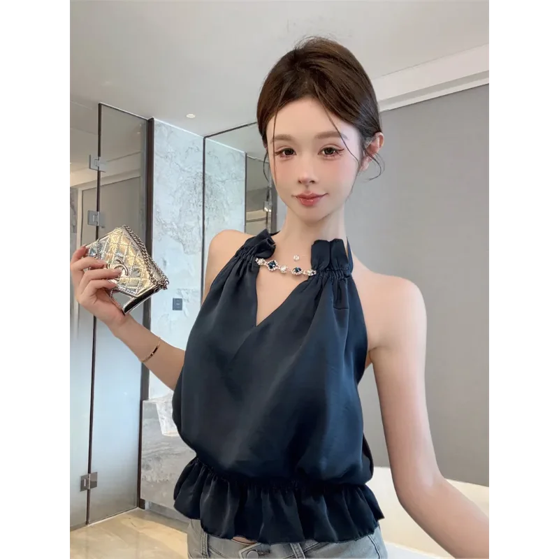 French Heavy Industry Diamond-encrusted Halterneck Pleated Ruffle Camisole Female Socialite Sleeveless Top