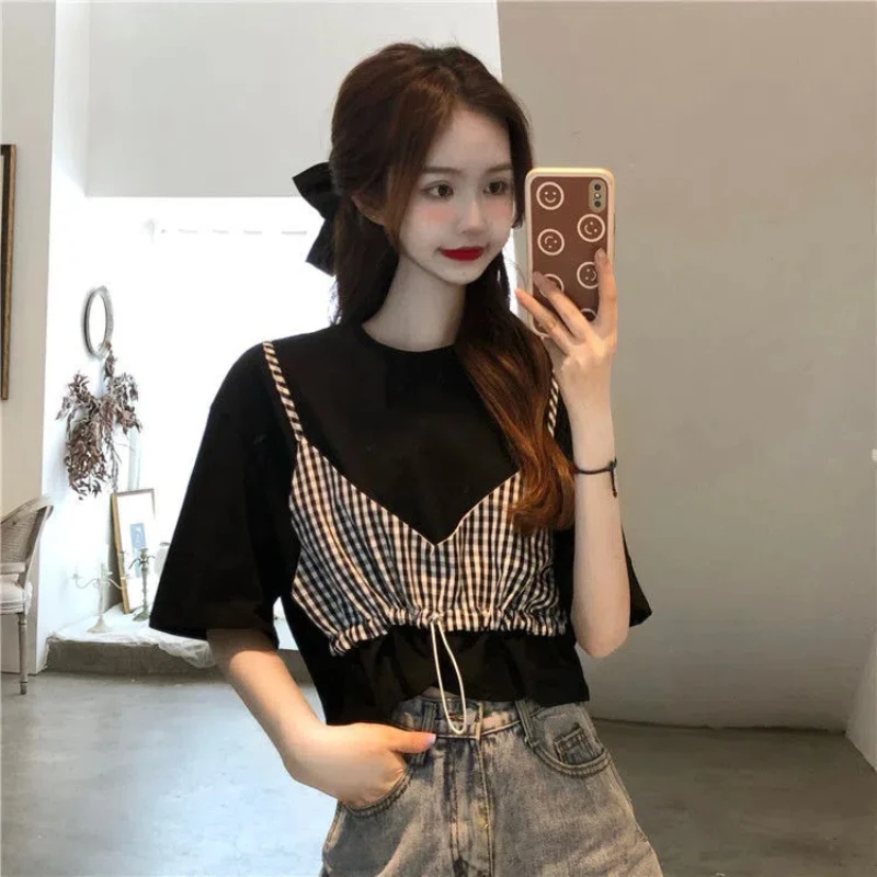 Patchwork Fake Two-piece Short Sleeve T-shirts for Women Summer New Black Loose Sweet Short Tops Tees Casual Fashion Clothing