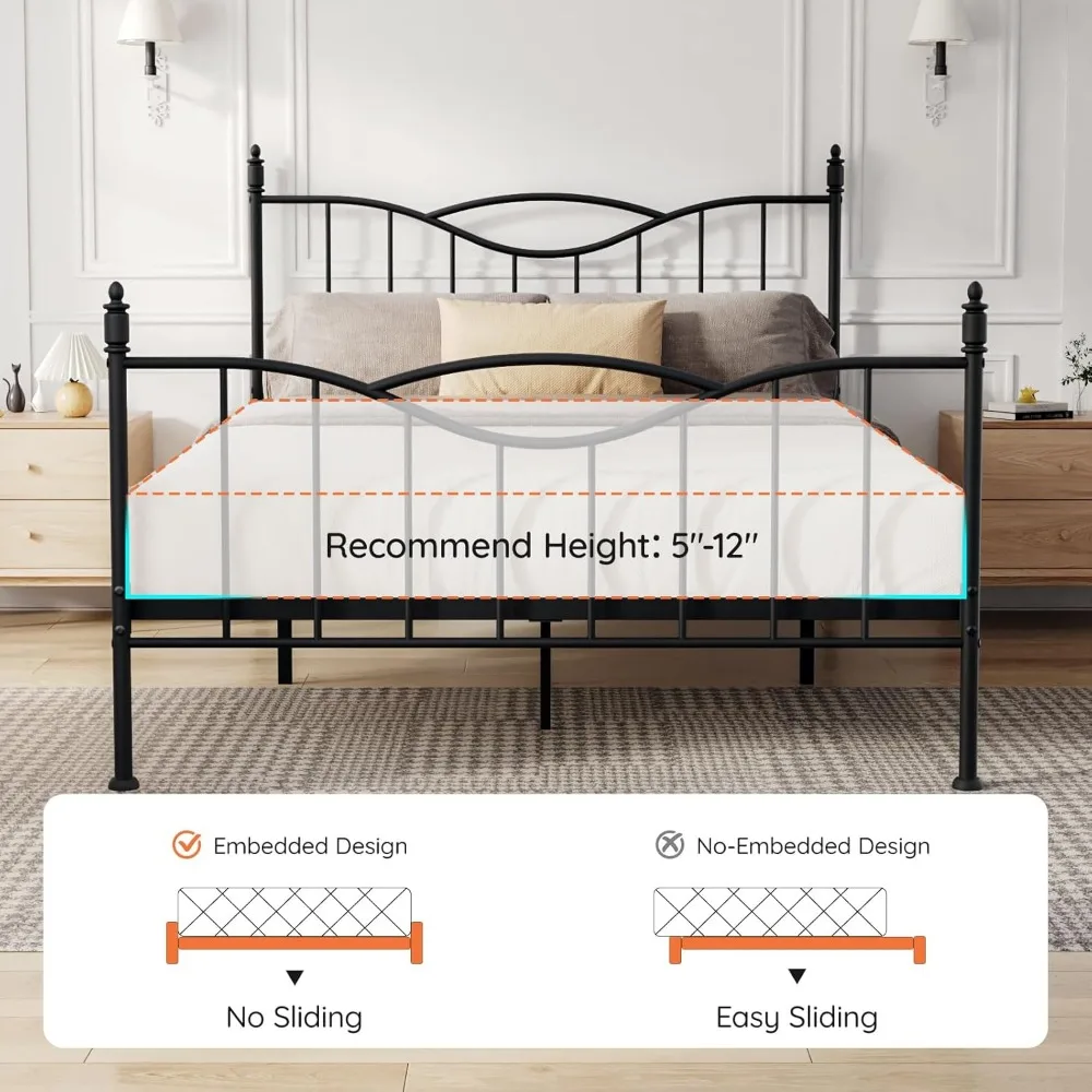 Cadre de lit queen size avec tête de lit, sommier de matelas à plateforme en métal de 14 pouces de haut avec pied de lit, rangement sous le lit