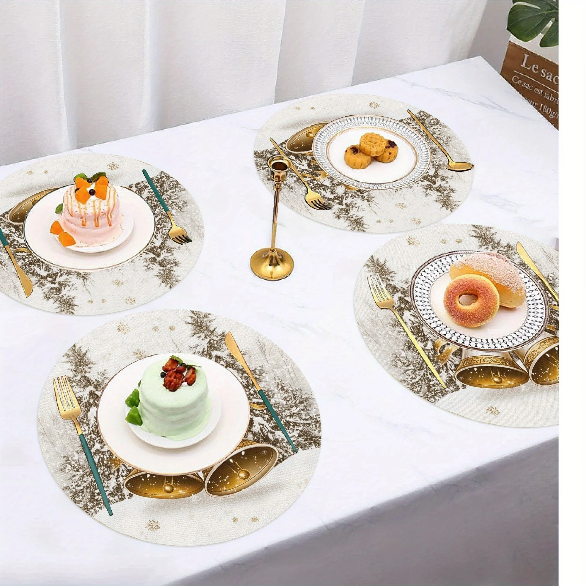 VIKAMA 4-Piece Christmas Gold Bell Placemats Easy-Clean Family Gatherings Christmas Parties Holiday Table Decor & Accessories