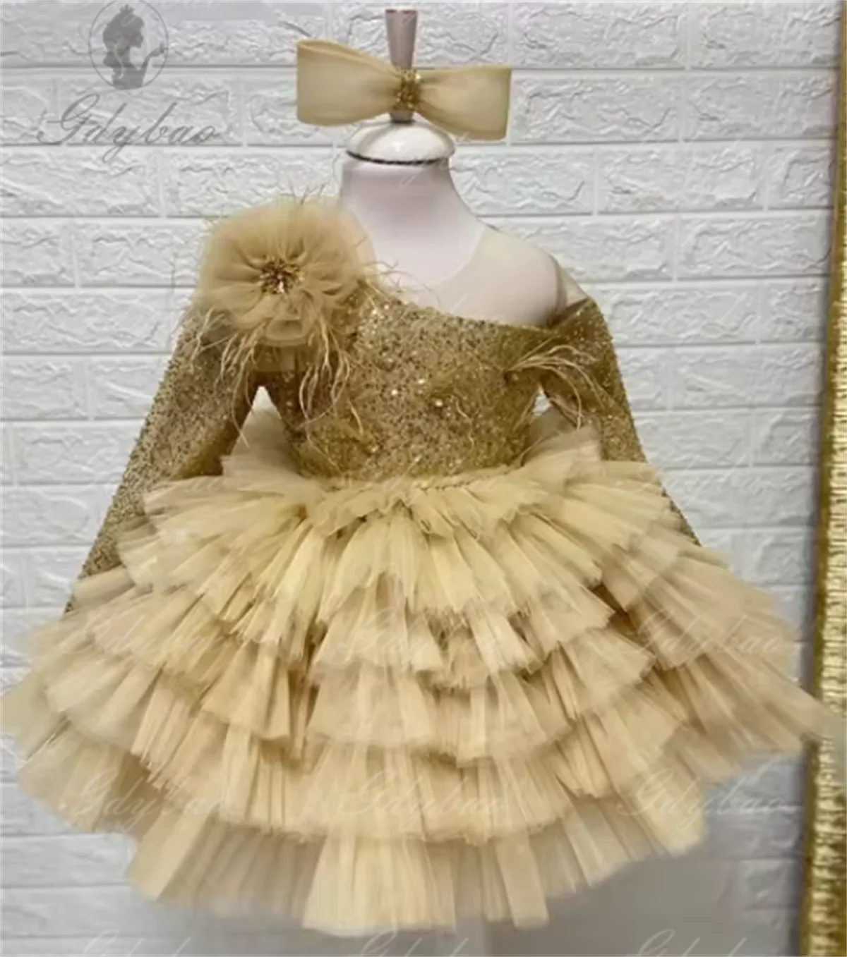 Peach Pink High Low Tutu Tulle Kid Long Sleeves Formal Dresses Shiny Daughter Birthday Party Dresses Tiered Tulle Child Dress