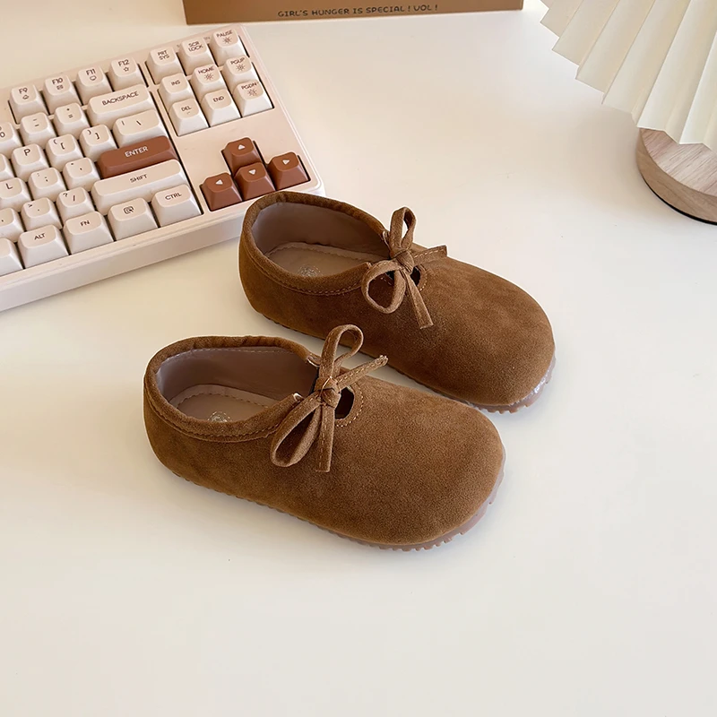 New Children Girl Suede Leather Shoes with Butterfly-knot Flats Loafers for Kids Girls Daily Student Slip On Casual Shoes
