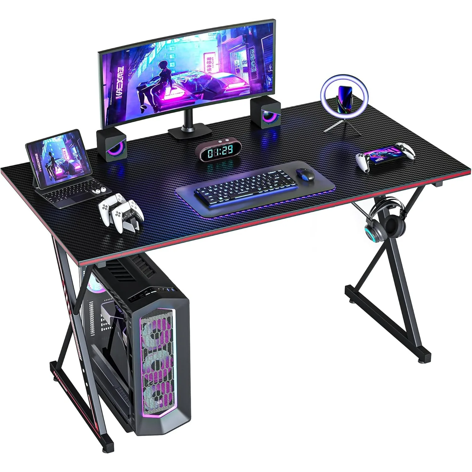 40 Inch PC Computer Desk, Carbon Fiber Home Office Desk Table Gamer Workstation, Simple Game Table with Headphone Hook, Black