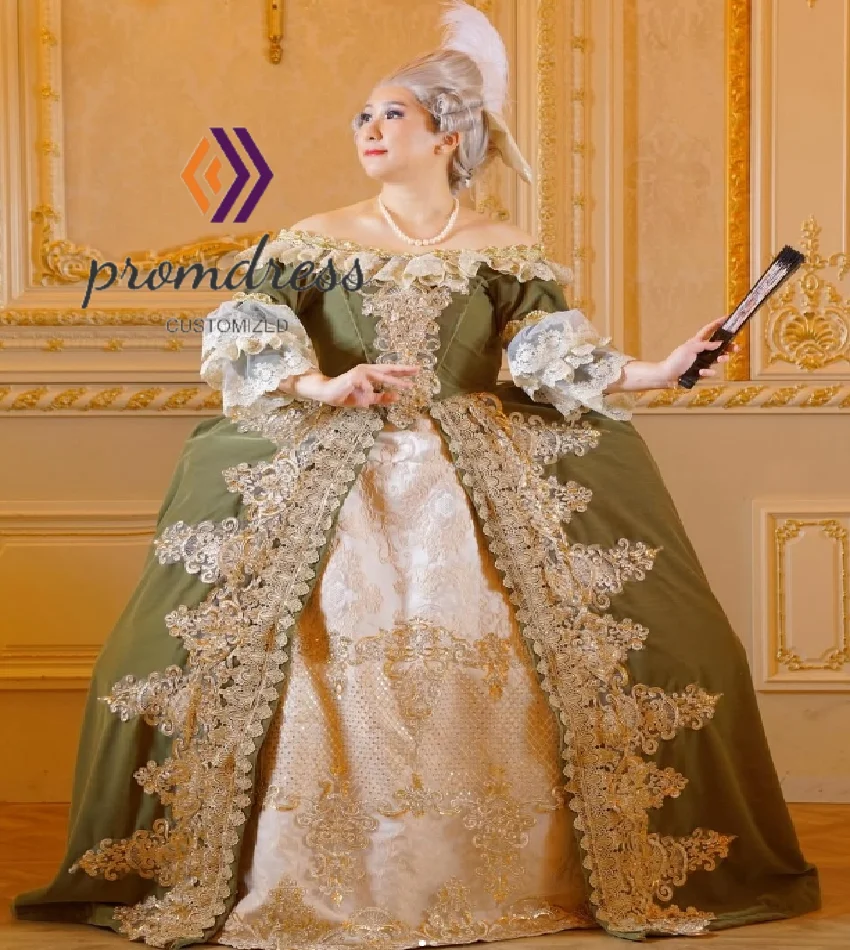 향수 올리브 바로크 시대 이브닝 드레스와 골드 레이스 오프 숄더 플러스 사이즈 르네상스 댄스 파티 드레스 로코코 맞춤형