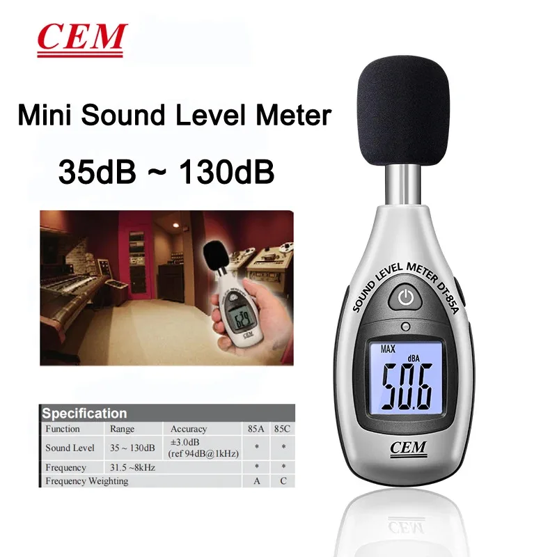 CEM DT-85A مقياس مستوى الصوت الرقمي مقياس البيئة ديسيبل متر المحمولة SPL متر 35dB ~ 130dB مع شاشة LCD