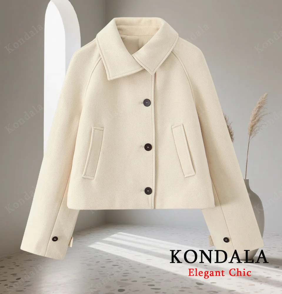 

KONDALA Fall Women Elegant Beige Jacket Lapel Buttons Romance Short Coat 2025 Autumn Winter Fashion Commute Casual Female Coat