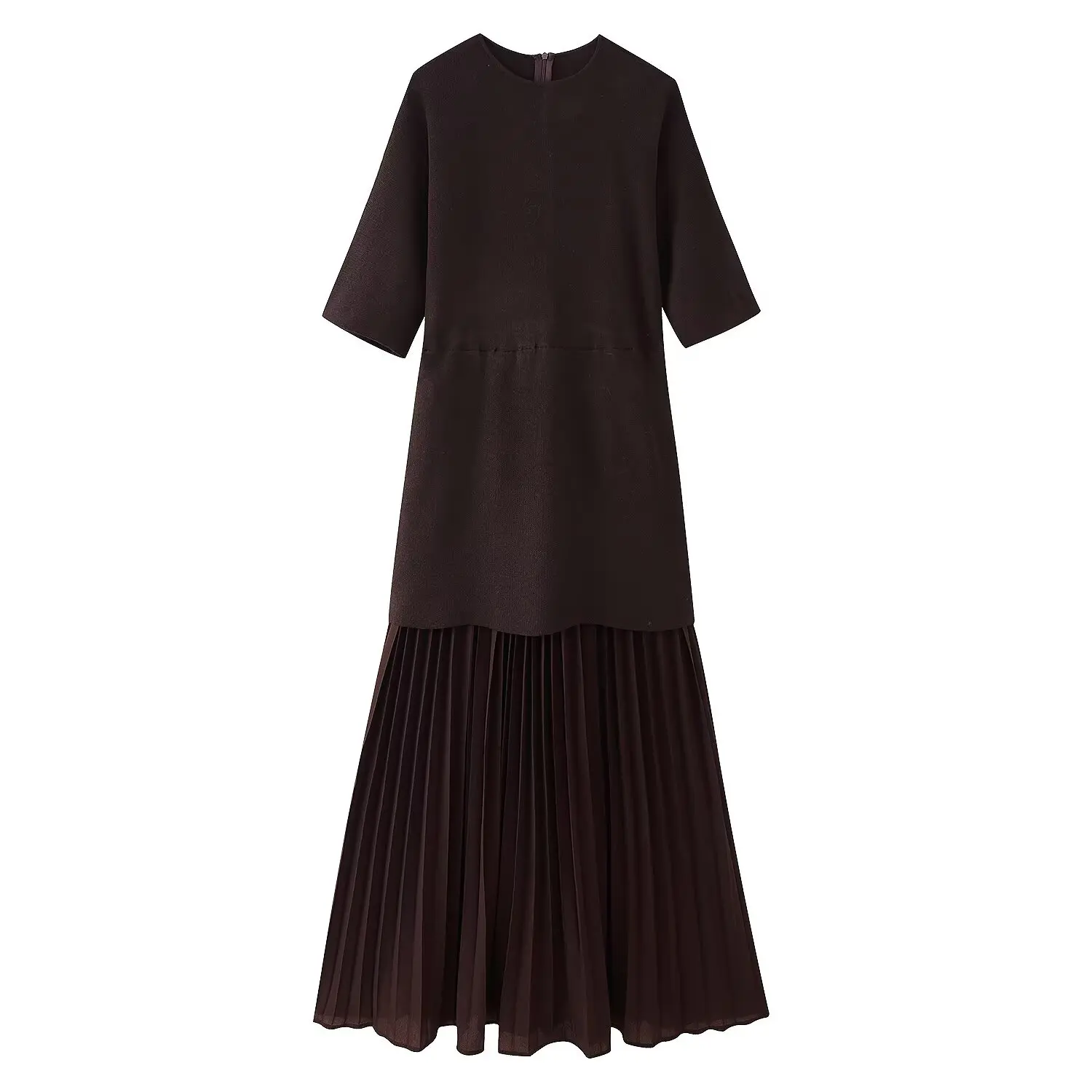 HH Vrouwen Elegante Halve Mouwen O-kraag Geplooide Jurk Lente Vrouw Achterrits Splitsen Vintage Casual Gebreide Lange Jurk