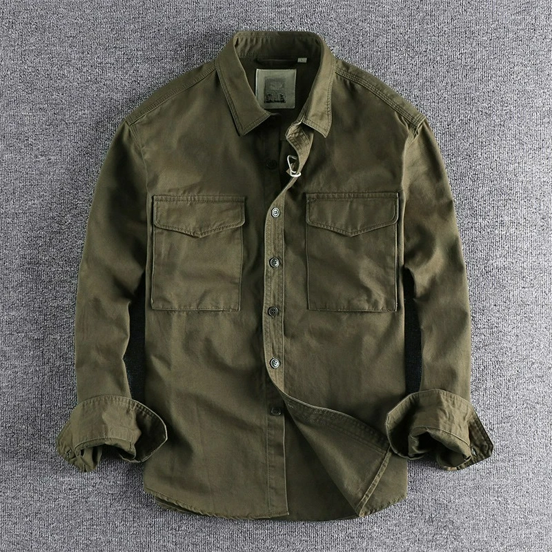 New Autumn Collection Khaki Vintage Washed Solid-color Workwear Shirts Men Featuring Three-dimensional Pockets Trendy Loose Coat