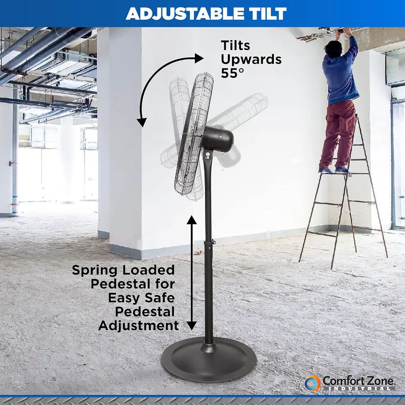 مروحة بقاعدة صناعية من Comfort Zone، 30 بوصة، 3 سرعات، سرعة عالية، ارتفاع قابل للتعديل 56 بوصة إلى 76 بوصة، معدنية، تلبي معايير OSHA