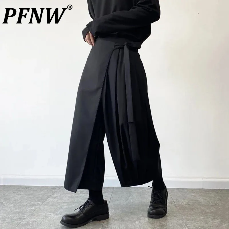 

PFNW Menswear Fashion Chic Skirt Lace Up Black Trousers Men's New Loose Mid Waist Wide Leg Pants Male Tide Autumn Niche 2024