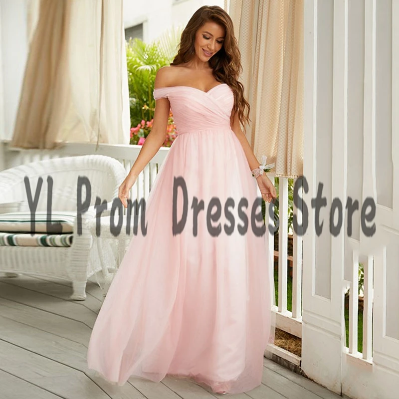 

YL Simple Light Pink Evening Dresses Floor Length Off Shoulder A-Line Prom Dresses Illusion Backless Women Tulle Formal Gown