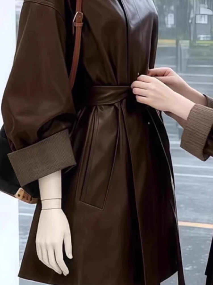 Abrigo de cuero marrón Vintage Harajuku para mujer, Chaqueta larga con cinturón y cuello levantado, traje de moda Retro para ir al trabajo a prueba de viento para otoño
