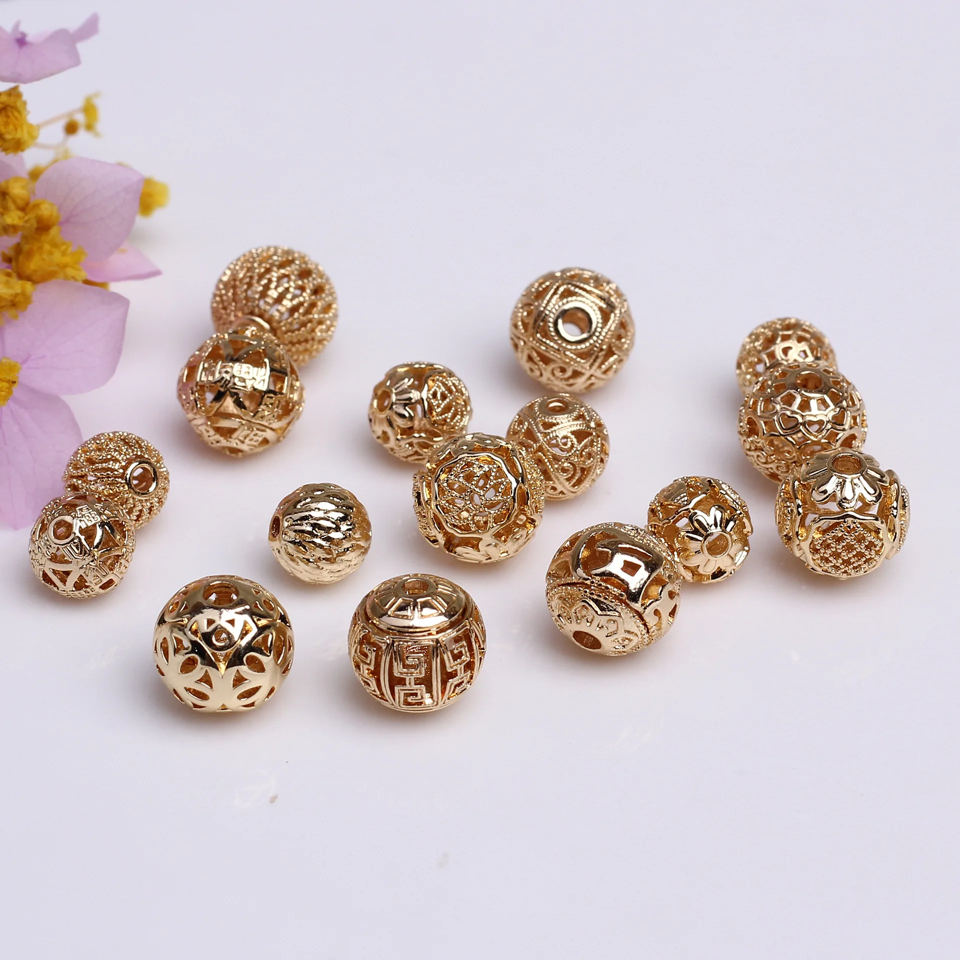 14K Hollow Round Floral Beads Circular Bloom Bead Spacer 10 pcs
