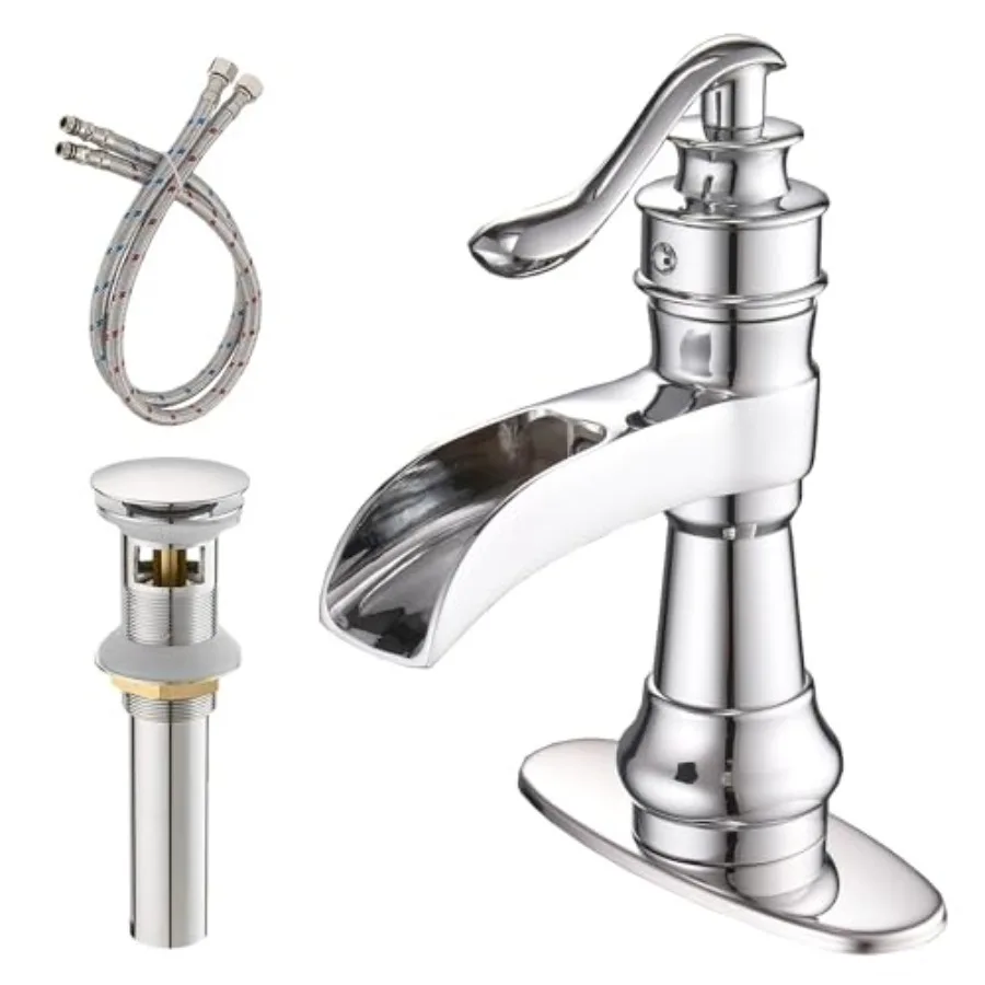 

Bathroom Sink Faucet Waterfall Farmhouse Faucet Silver with Pop Up Drain Stopper with Overflow Single-Handle Single Hole Deck M