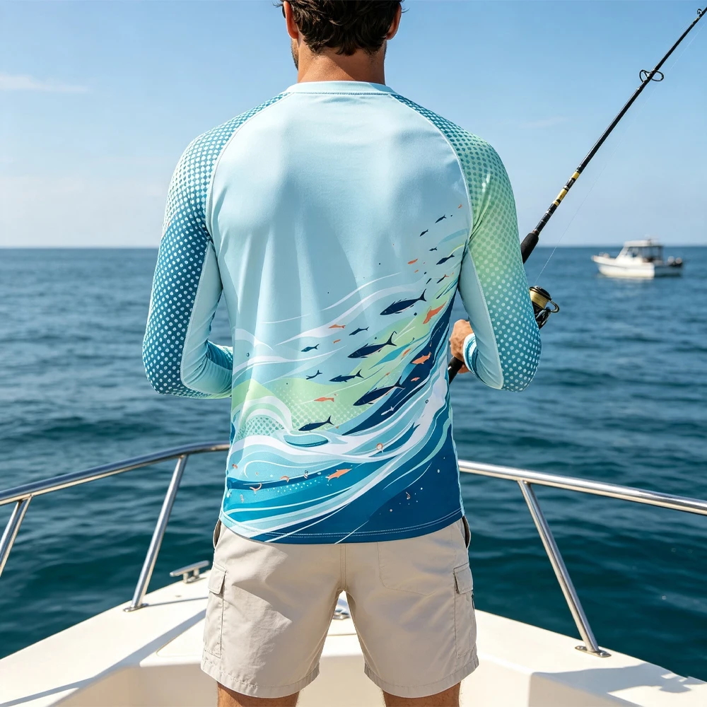 Men UPF50+ Sun Protection Long Sleeve Fishing Shirt Quick Dry Teal Wave Print Breathable Outdoor Sea Fishing Rash Guard