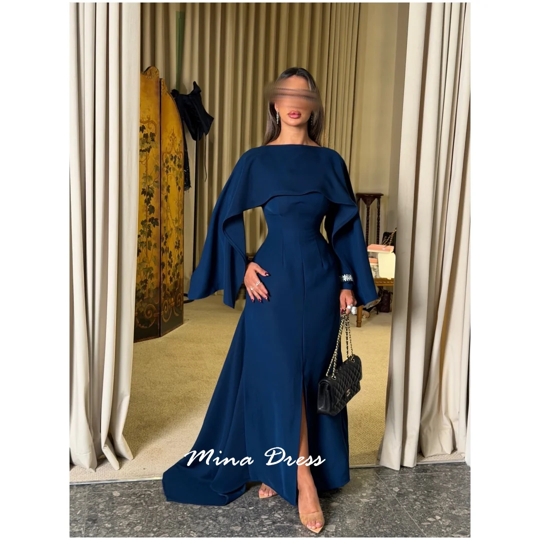 

Mina Customized Long Sleeve Simple and Elegant Formal Dress Round Neck Slit Evening Dress Luxury Elegant Party Dresses Woman