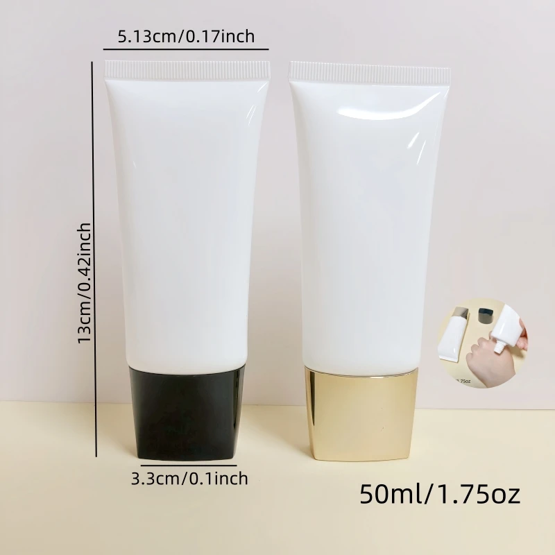 6 ชิ้น 50 กรัม บรรจุภัณฑ์สกินแคร์แบบหลอดเปล่าทรงแบน สีดำทอง ฝาปิดทรงแบนสีขาว ทรงแบนรูปไข่  ขายตรงจากโรงงาน