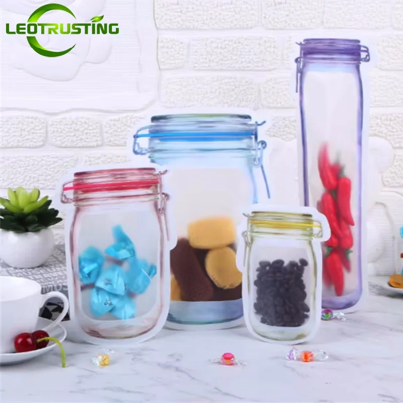 100PCS Plastic Cute Mason Jar Bottle Packaging Bag DIY Candy Snack Spice Dates Nuts Sugar Beans Beaf Food Gifts Storage Pouches