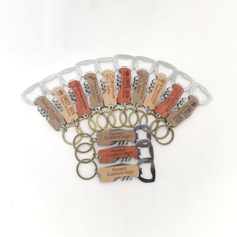 

30pcs Multicolor Opener Keyring Personalise Red Wine Opener Wooden Handle Corkscrew Beer Opener Keychain Party Guest Favor Gifts
