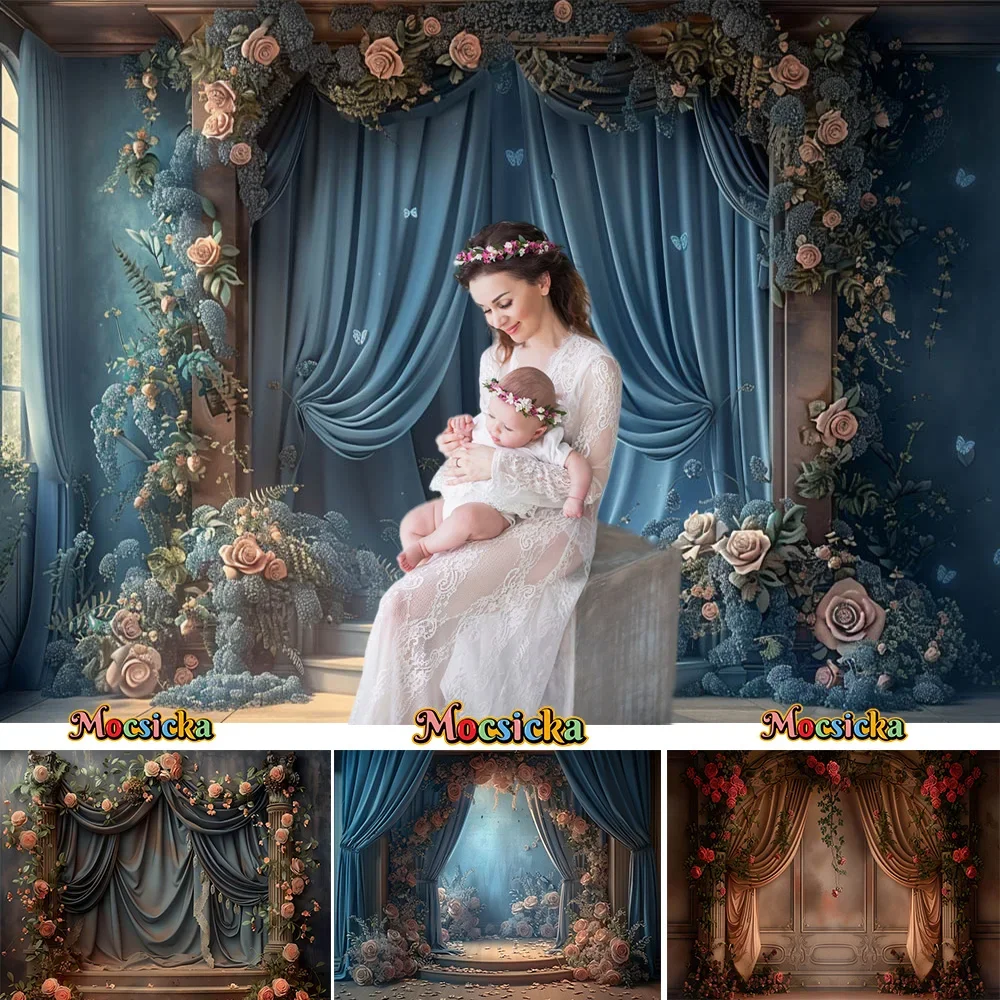 

Retro Dark Blue Curtain Flower Background for Adult Girls Birthday Wedding Backdrop Palace Studio Photozone Maternity Photo Prop