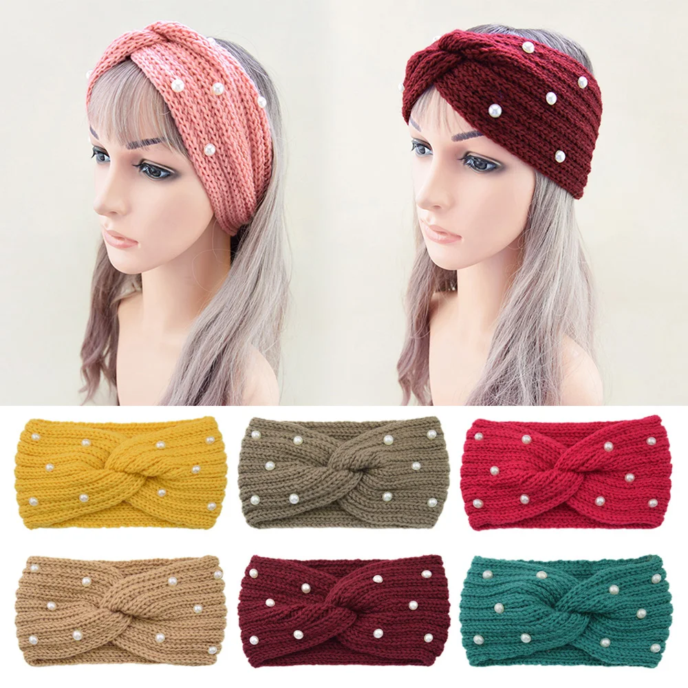 Women Pearl Cross Knitted Headbands Winter Warm Hairband Thickened Wide Elastic Ear Warmer Turban Headwrap Lady Hair Accessories