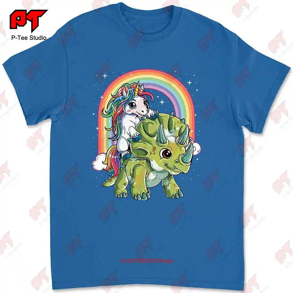 Unicorn Riding Dinosaur Triceratops Rainbow T-shirt JW3K image 3