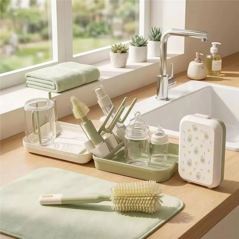 AS96-Portable Travel Bottle Cleaning Kit With Baby Bottle Brush Set, Drying Rack, For Newborn Essentials Silicone Cleaner