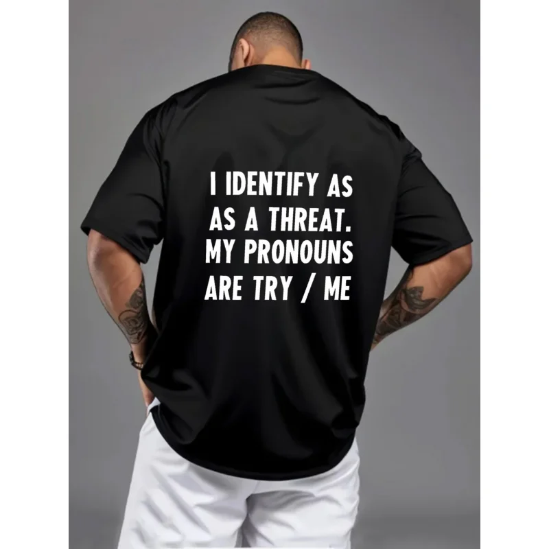 تي شيرت رجالي أسود I Identify كخهديد ضمائرتي محاولة/أنا نمط مطبوع قطن عالي الجودة 180 جرام #1