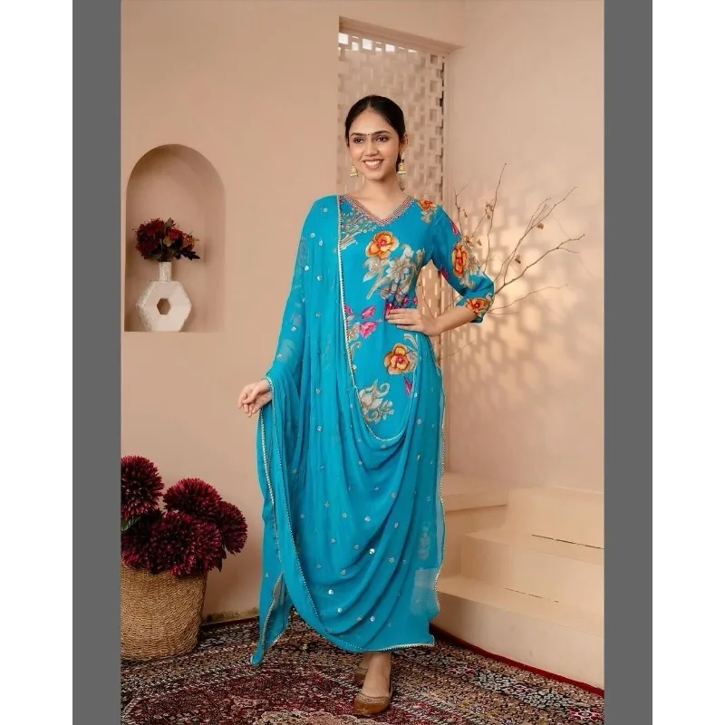 

Blue Printed Work Kurti Palazzo Dupatta Indian Wedding Special Cotton Kurta Pant