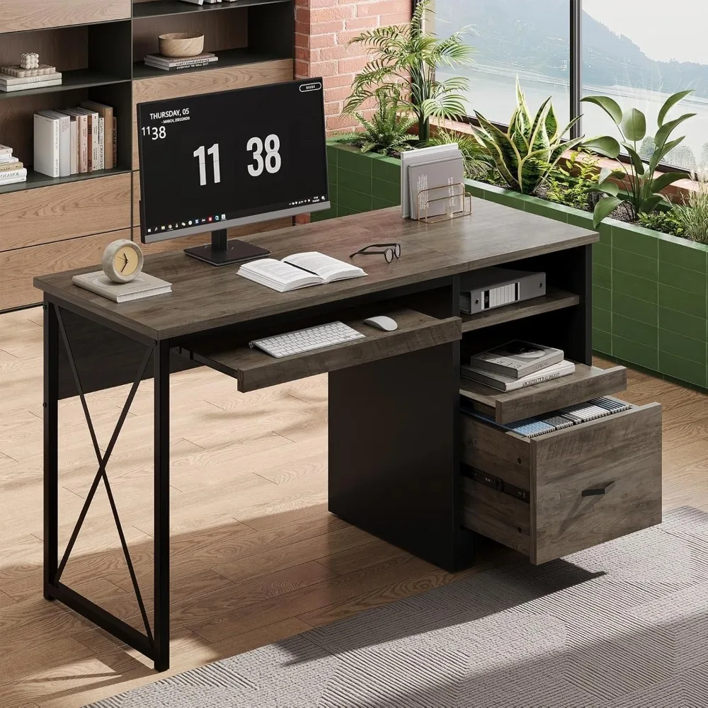 

47" Office Desk with Drawers, Industrial Computer Desk with Drawer,with Storage & Keyboard Tray, Reversible Teacher Desk