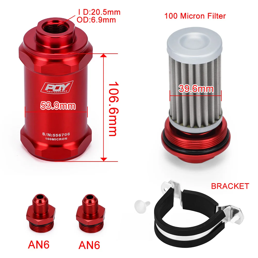 VR - PQY RED AN6  Inline Fuel Filter E85 Ethanol With 100 Micron Stainless steel element 200 GPH