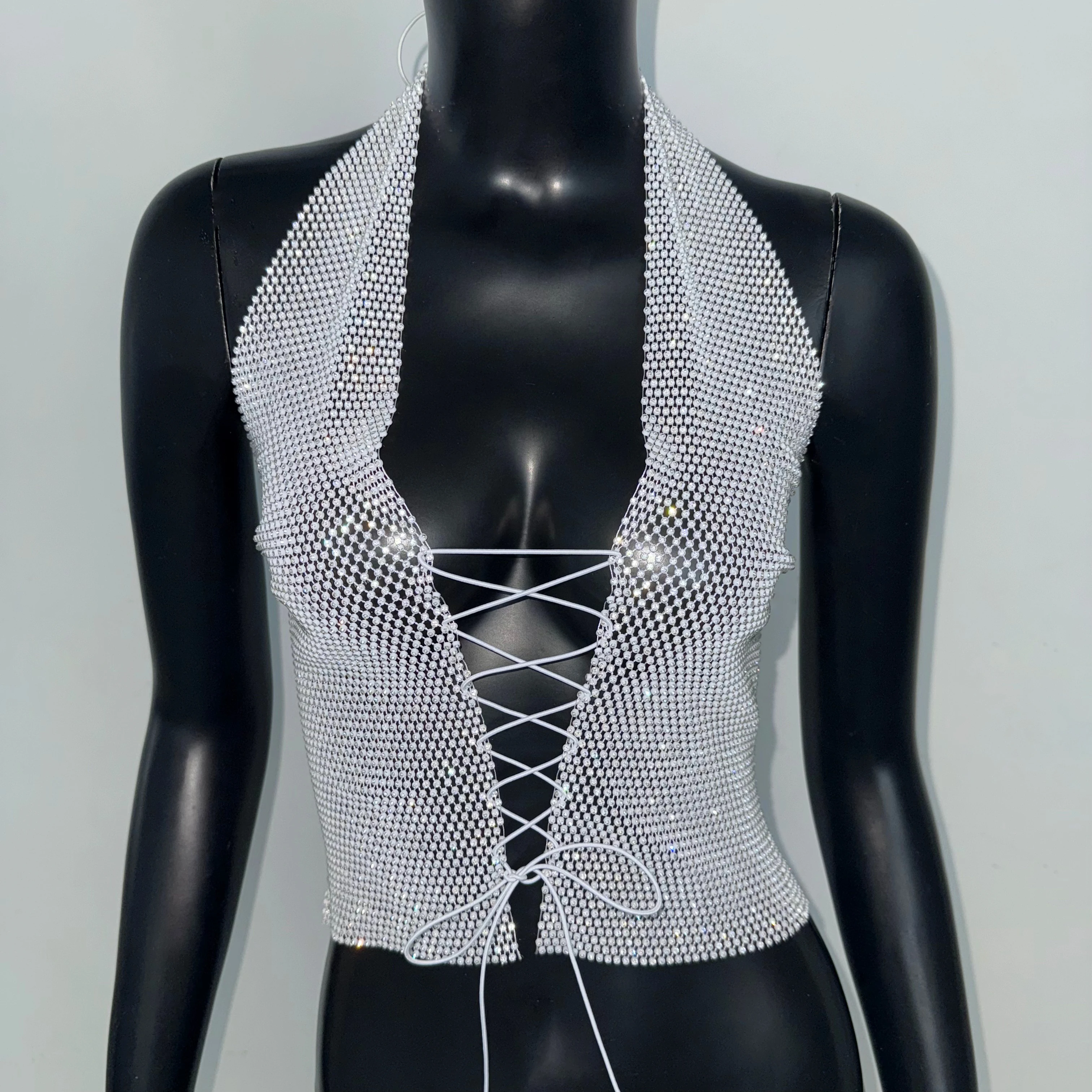 See Through Mesh Tank Top  Shiny Rhinestone Hollow Out Bandage Camisole Sexy V Neck Backless Nightclub Crop Top Women Party Top