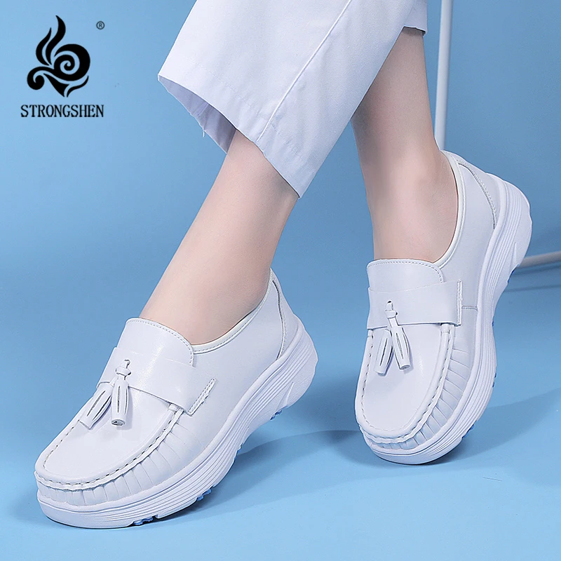 Women's Nurse Work Shoes Tassel Loafers Platform Wedge Non-slip Comfortable Breathable Thick Sole Casual White Shoes 34-42