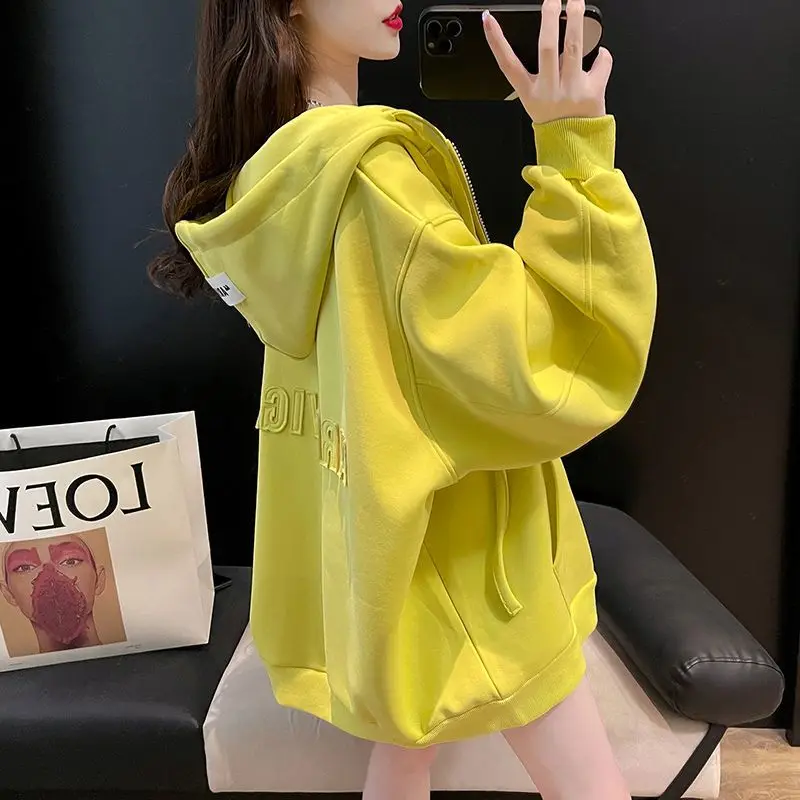 Women\'s Solid Hooded Collar Cardigan Zipper Letter Spring and Autumn Hoodies Loose Korean New Long Sleeve Pockets All Match Coat