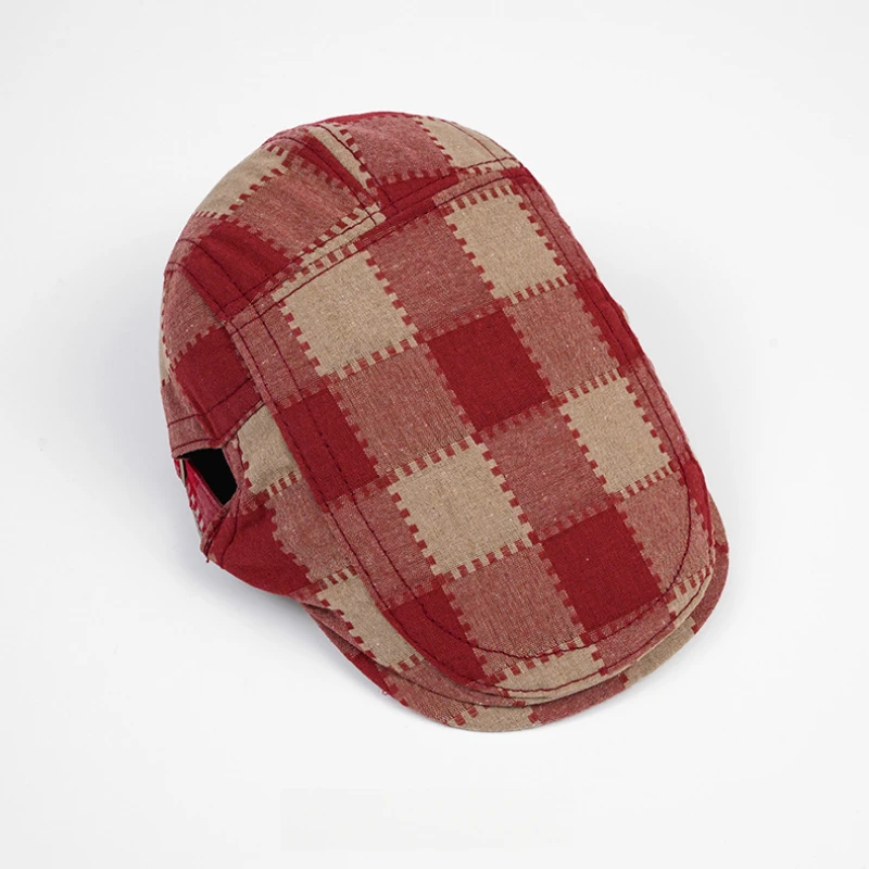 Unisex Polyester Beret Cap with Patchwork Design and Checkered Pattern Adjustable Head Circumference All Seasons Plaid Newsboy