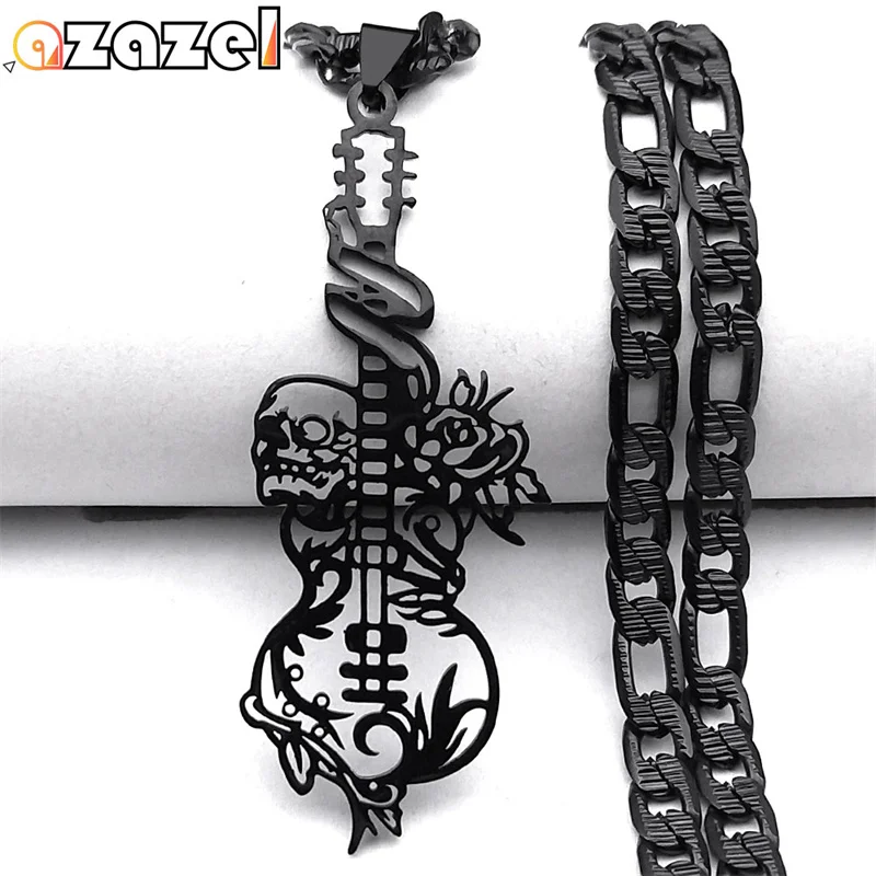 

Goth Dark Punk Rock Violin Guitar Skull Rose Flower Musical Necklace Men Stainless Steel Black Color Hollow Necklaces Jewelry NZ