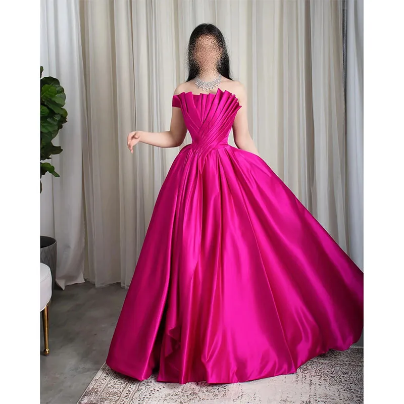 Fuchsia Satin Dubai Abendkleid für Frauen überbackene ärmellose lange Satin A-Linie Abschluss ball Party kleider Geburtstags kleidung