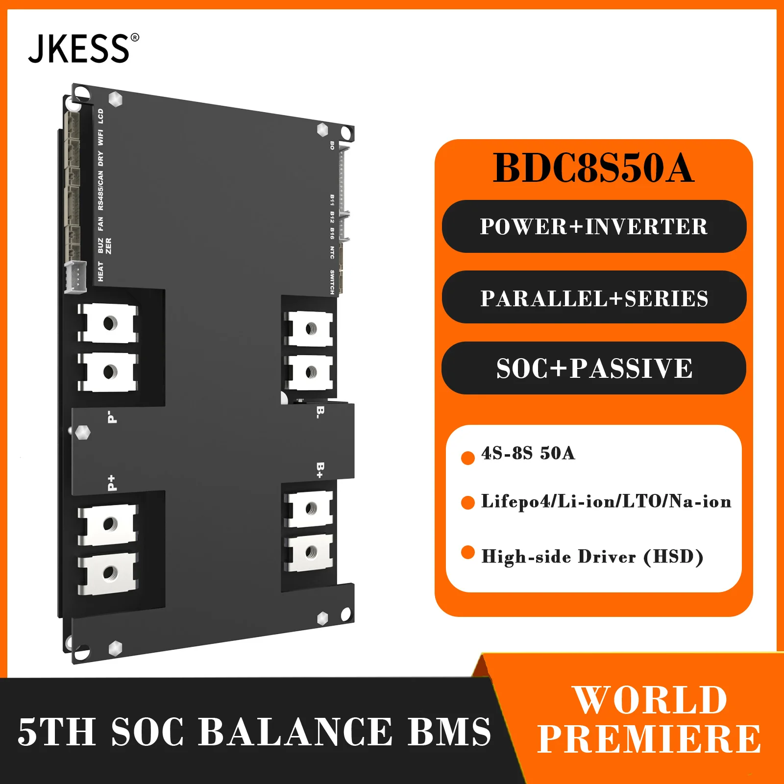 

JKESS SOC Balance BMS Lifepo4 Li-ion LTO Battery 4S 5S 6S 8S 50A 12V 24V Power Inverter BMS Parallel Connection Energy Storage