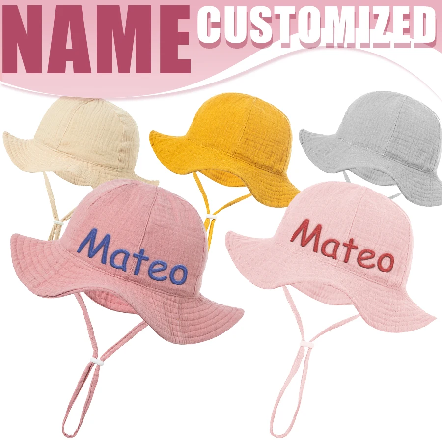 New Baby Pure Cotton Bowl Hat Personalized Embroidered Name Baby Fisherman Hat Candy Color Sunshade Hat  Bonnet Custom Gift