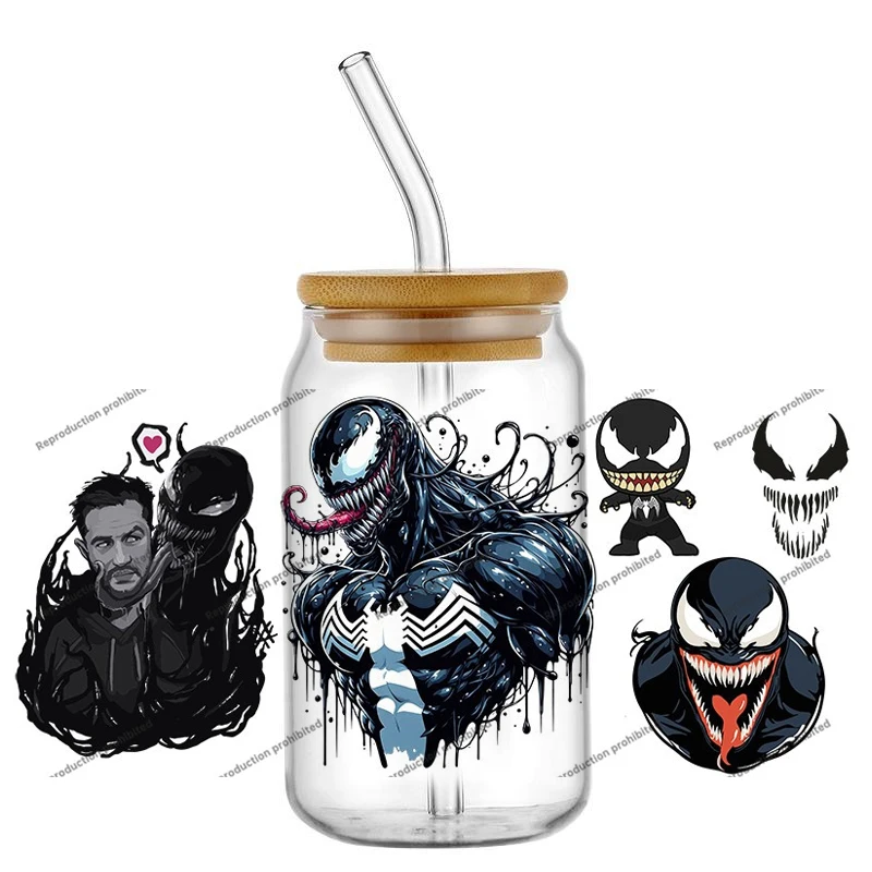 인기 베놈 16온스 UV DTF 핫 20 디자인 3D 스티커 슈퍼히어로 만화 패션 데칼 유리 캔 컵 머그 커피 공예 생일 선물