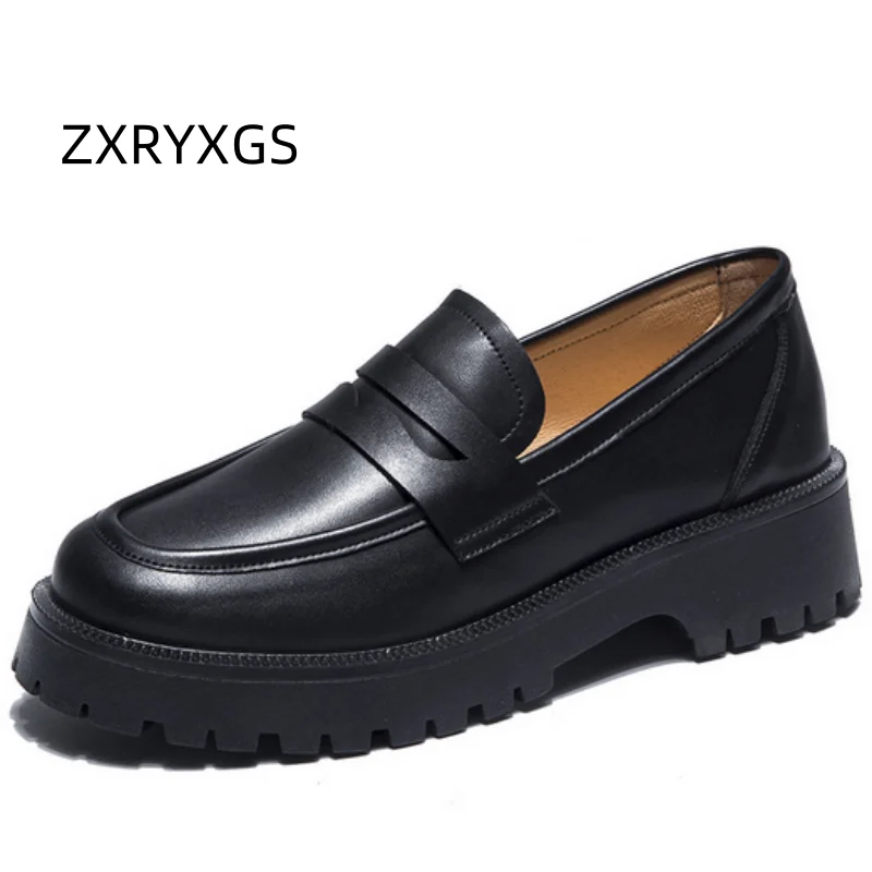 ZXRYXGS British Style Premium Cow Suede Women Real Leather Shoes Thick Non-slip Mid Heels 2025 Elegant Comfortable Large Size