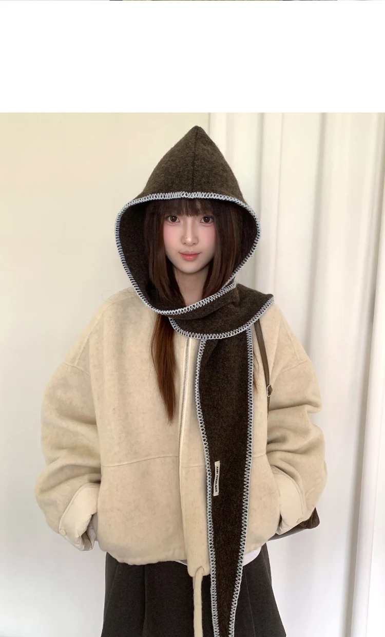 Winter Edge-Locked Balaclava Hat For Women, Slimming Face Effect, Ear-Protecting, Knitted Warm Hat And Scarf All-In