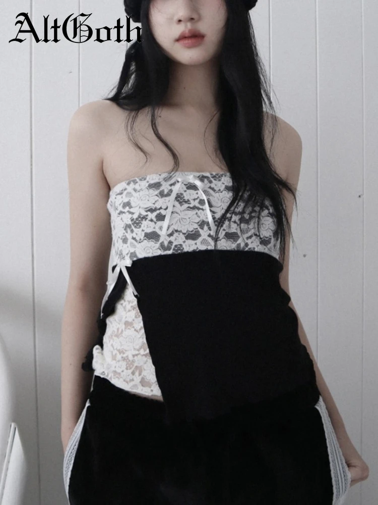 

AltGoth Hotsweet Y2k Vest Women Soft Goth Streetwear Cute Lace Patchwork Strapless Crop Tank Tops Fairycore Grunge Indie Clothes