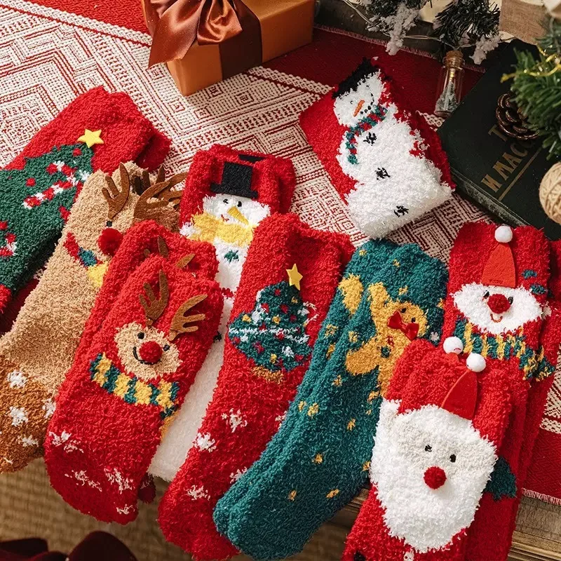 6 Pairs Autumn Winter Thick Half Flannel Christmas Socks for Women Mid Tube Floor Socks Three-dimensional Cartoon Sleep Socks