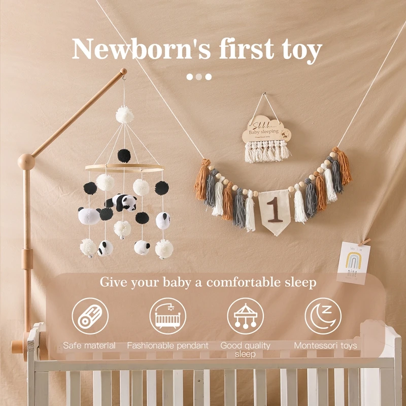 Sonajero de juguete para bebé de 0 a 12 meses, móvil de madera, Panda, oso marrón, caja de música para recién nacido, campana para cama, juguetes colgantes, soporte para brazo ﻿ Regalos para niños