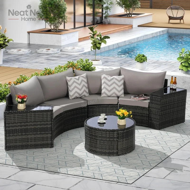 

7-Piece Half-Moon Sectional Round Patio Furniture Set with Tempered Glass Coffee Table