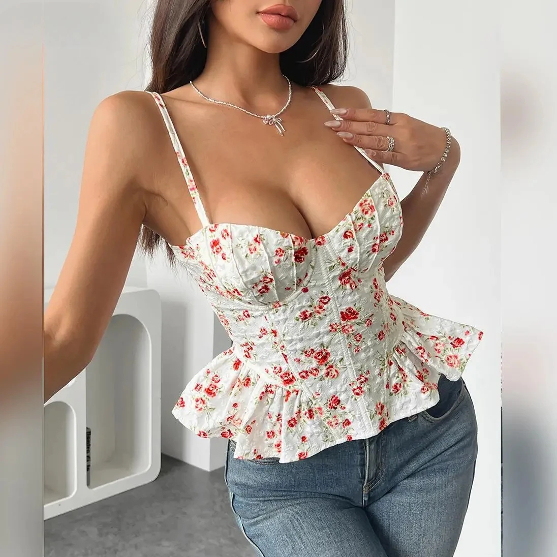 Sexy Floral Print Backless Tie-Up Bandeau Top Asymmetric Ruffles Slimming Spaghetti Strap Spring Summer Women's Y2K Fashion Tops