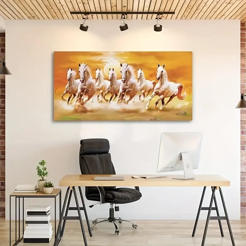 1pc WALLERAA Seven Lucky Running Horses Canvas Painting - Vastu Art for Living Room, Home, and Office Decor - 15.74x31.49 Inches